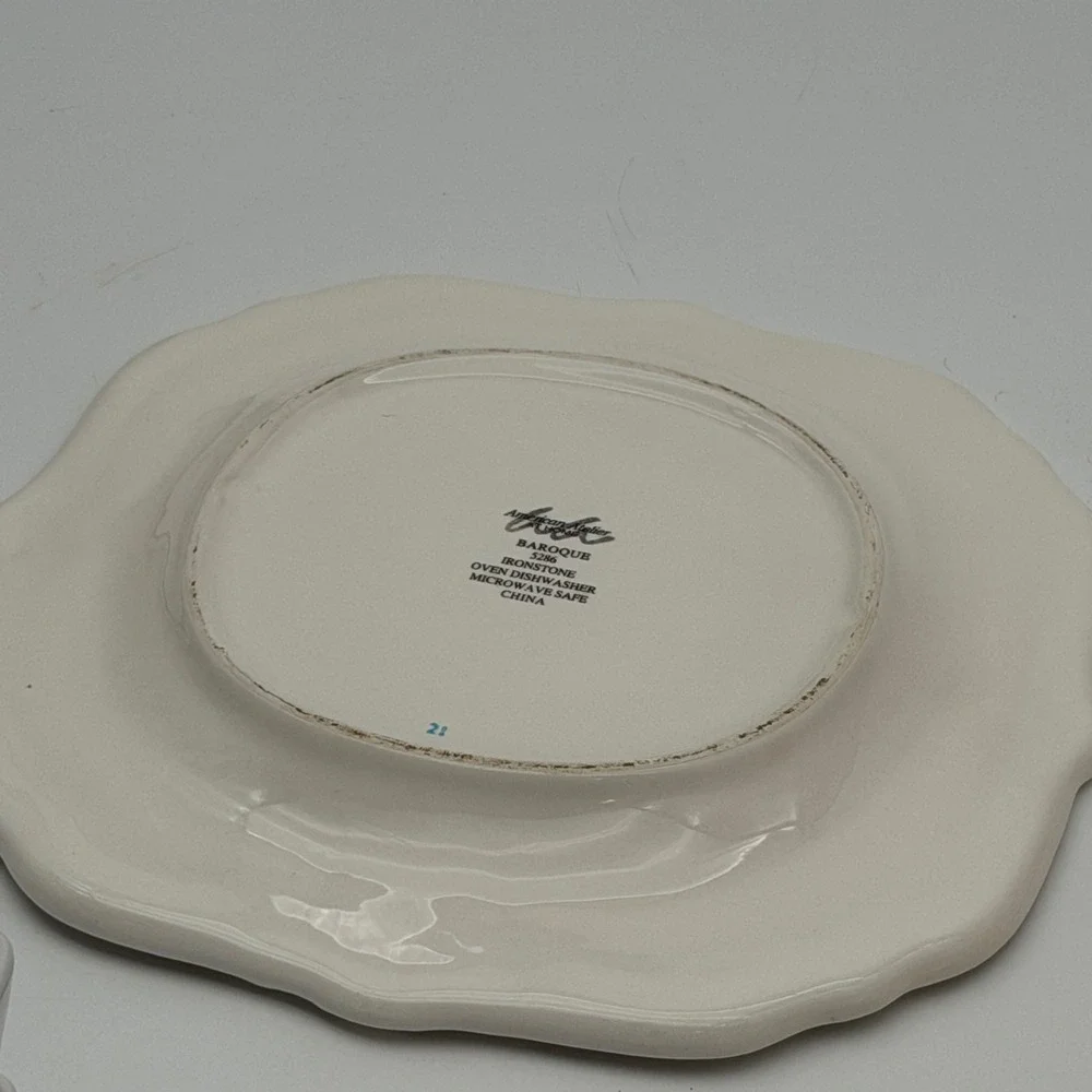 American Atelier Baroque 5286 White Ironstone Dinner Plate Scalloped Beaded 11.5